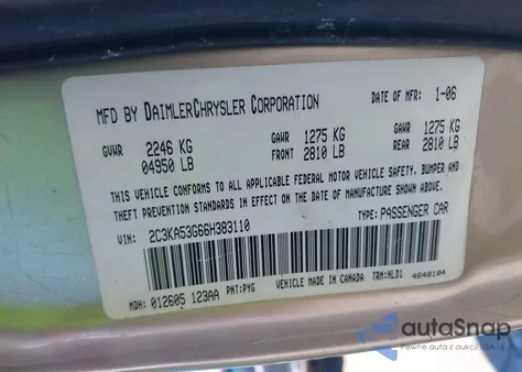 2006 Chrysler 300 Touring z USA, uszkodzony, nr VIN 2C3KA53G66H383110